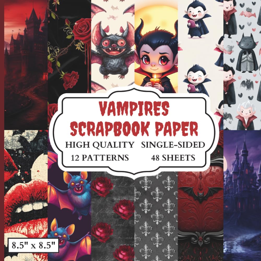 ler totalmente Vampires Scrapbook Paper: 12 Vampire Themed Designs - 48 Single Sided Sheets - High Quality Craft Paper Pad for Artists to Use in Collages, Junk Journals and Art Projects