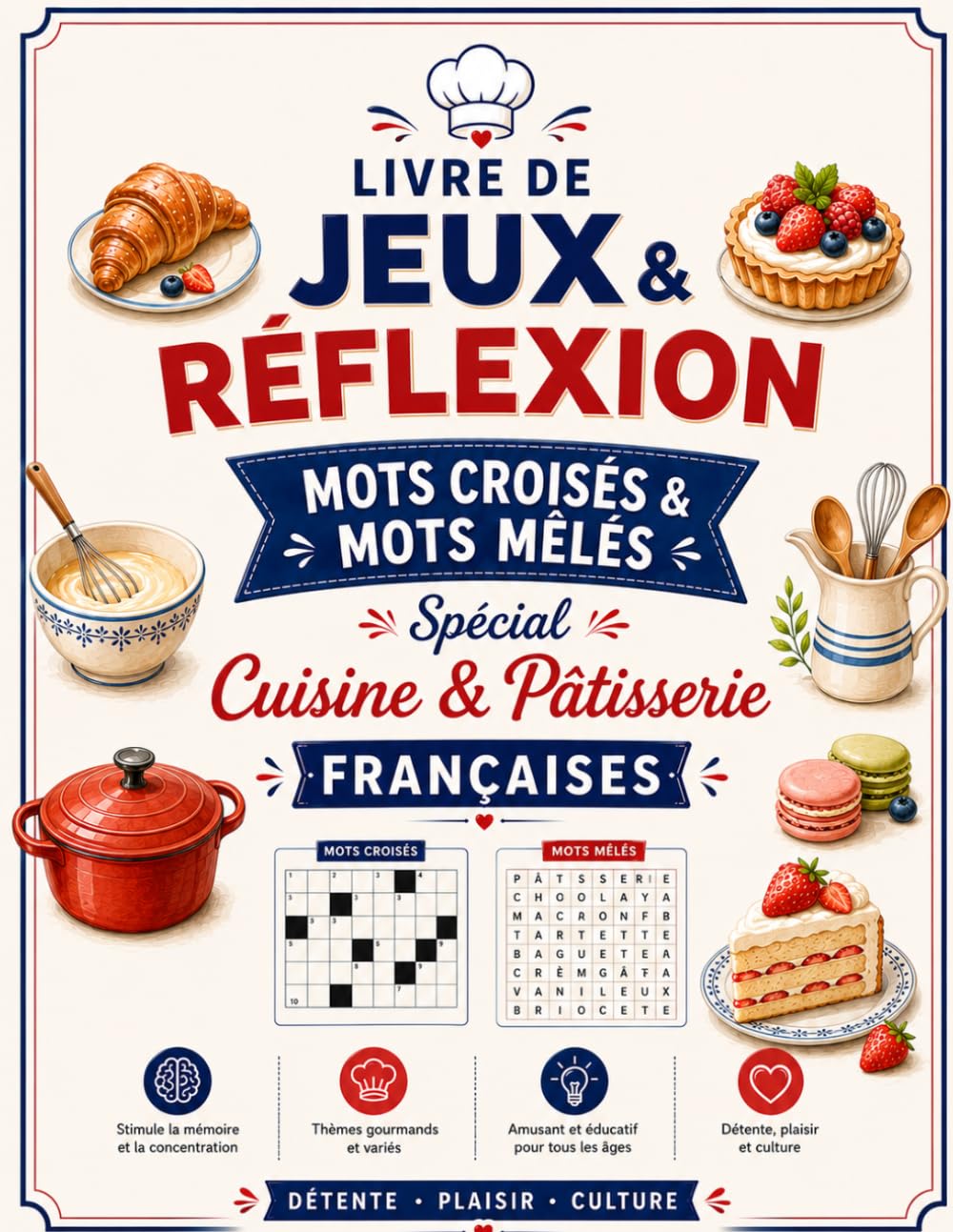 ler totalmente LIVRE DE JEUX & RÉFLEXION - MOTS CROISÉS & MOTS MÊLÉS: Spécial Cuisine & Pâtisserie Françaises – Jeux de mots gourmands pour stimuler la mémoire, la concentration et le vocabulaire (French Edition)