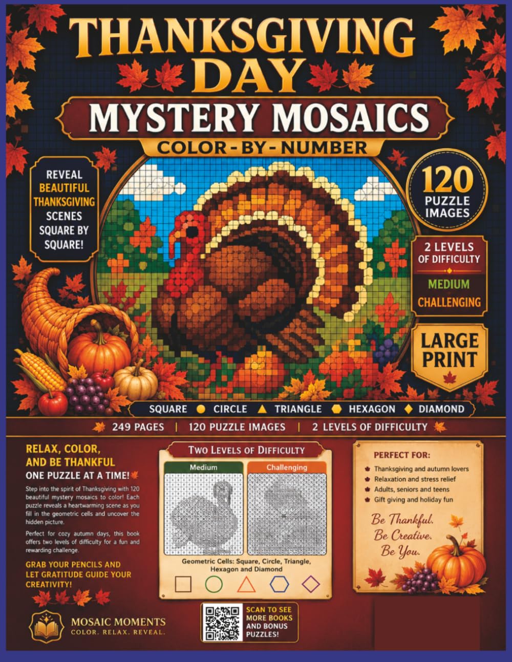 Thanksgiving Day Mystery Mosaics Color by Numbers: Large Print Color-by-Number Puzzle Book with 120 Hidden Autumn & Thanksgiving Images • Medium & Challenging Levels baixar livro de graça