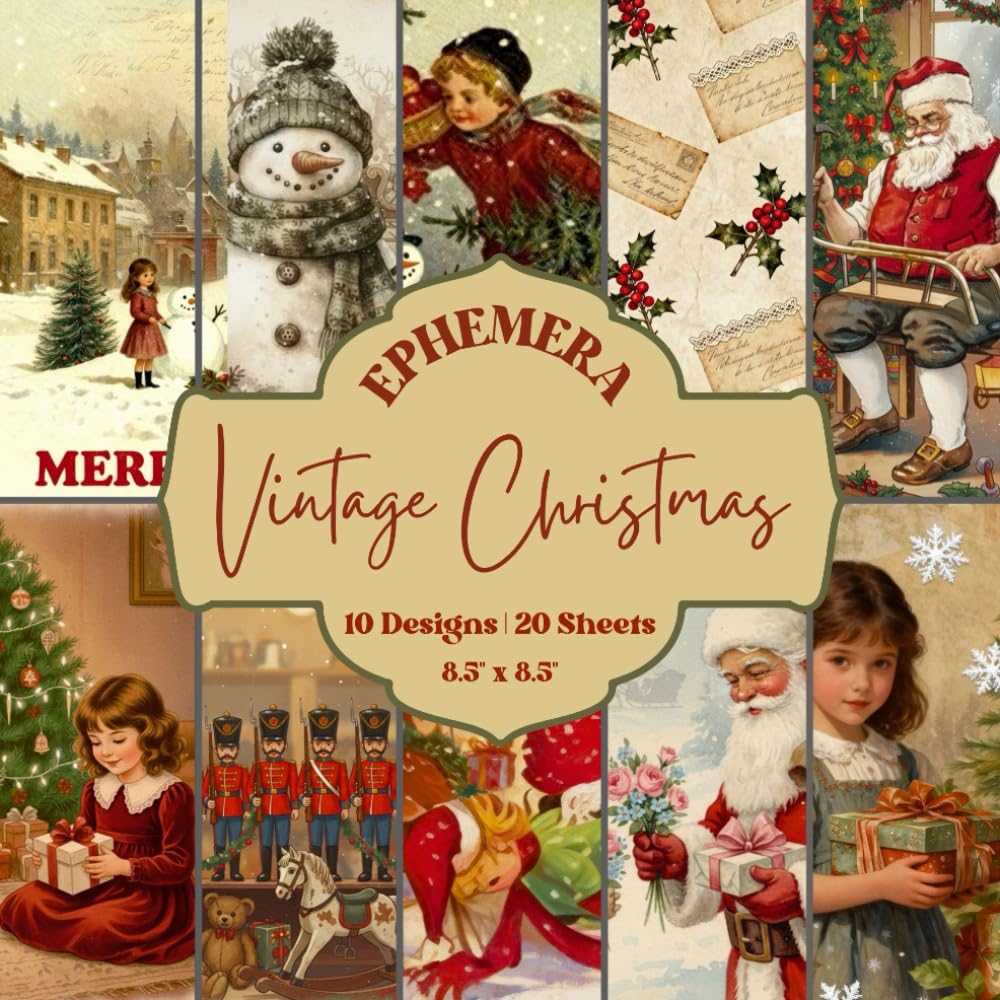 ler totalmente Vintage Christmas Scrapbook Paper Craft Pad: A Festive Collection of 10 Retro Holiday Designs, 20 sheets | 8.5” x 8.5” Printable Ephemera Pages for Journaling, Card Making, and DIY Crafts