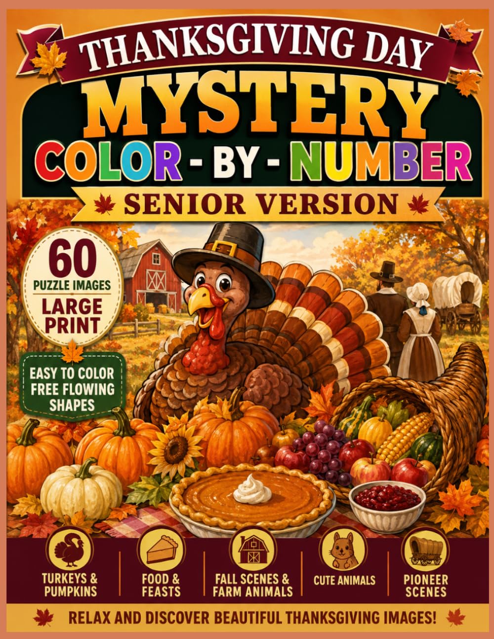 Thanksgiving Day Mystery Color by Number - Senior Version: 60 Large-Print Mystery Puzzles with Easy-to-Color Shapes Featuring Turkeys, Pumpkins,... and Pioneer Scenes (Holiday Mystery Mosaics) baixar livro de graça