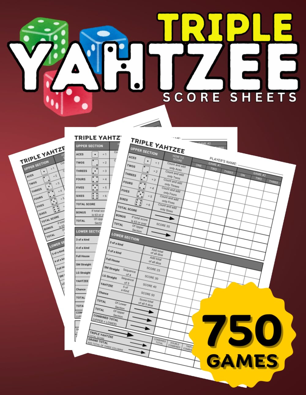 Triple Yahtzee Score Sheets: Triple Yahtzee Score Pads with 130 Pages | Triple Yahtzee Score Book with 8.5 x 11 Inches | 750+ Score Games for Scorekeeping baixar livro de graça