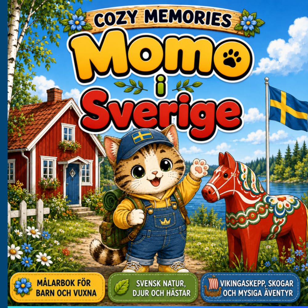 capítulo por capítulo baixar Cozy Memories: Momo i Sverige: Målarbok för barn och vuxna med svensk natur, svenska djur, hästar, vikingaskepp, skogar och mysiga äventyr (Momo’s Cozy Memories) (Swedish Edition)