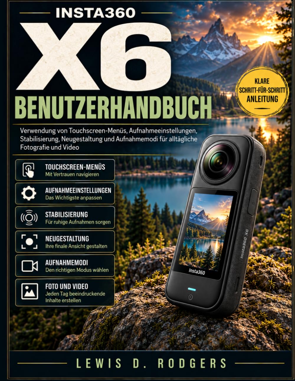 ler totalmente Insta360 X6 Benutzerhandbuch: Verwendung von Touchscreen-Menüs, Aufnahmeeinstellungen, Stabilisierung, Neugestaltung und Aufnahmemodi für alltägliche Fotografie und Video