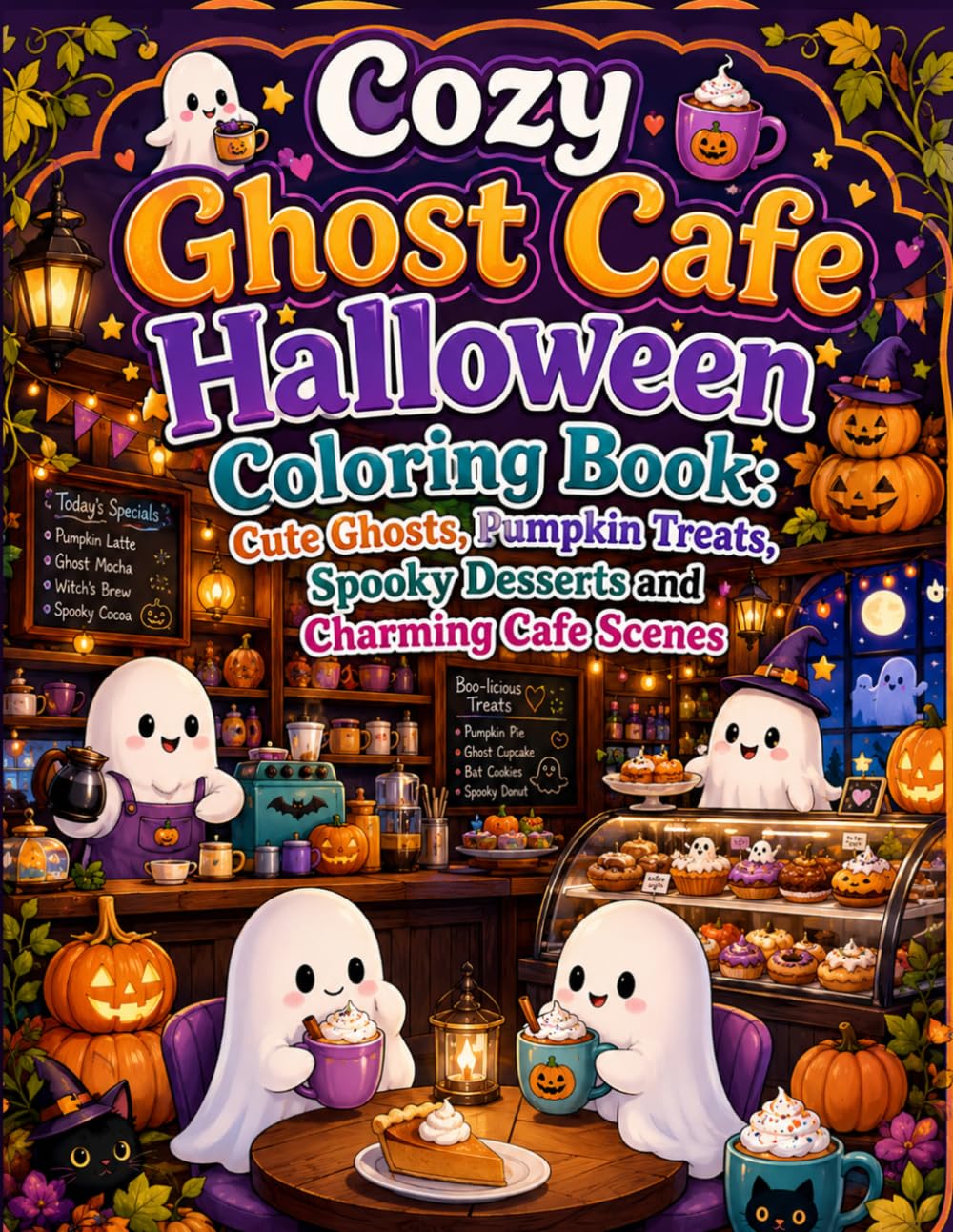 ler totalmente Cozy Ghost Cafe Halloween Coloring Book: Cute Ghosts, Pumpkin Treats, Spooky Desserts and Charming Cafe Scenes