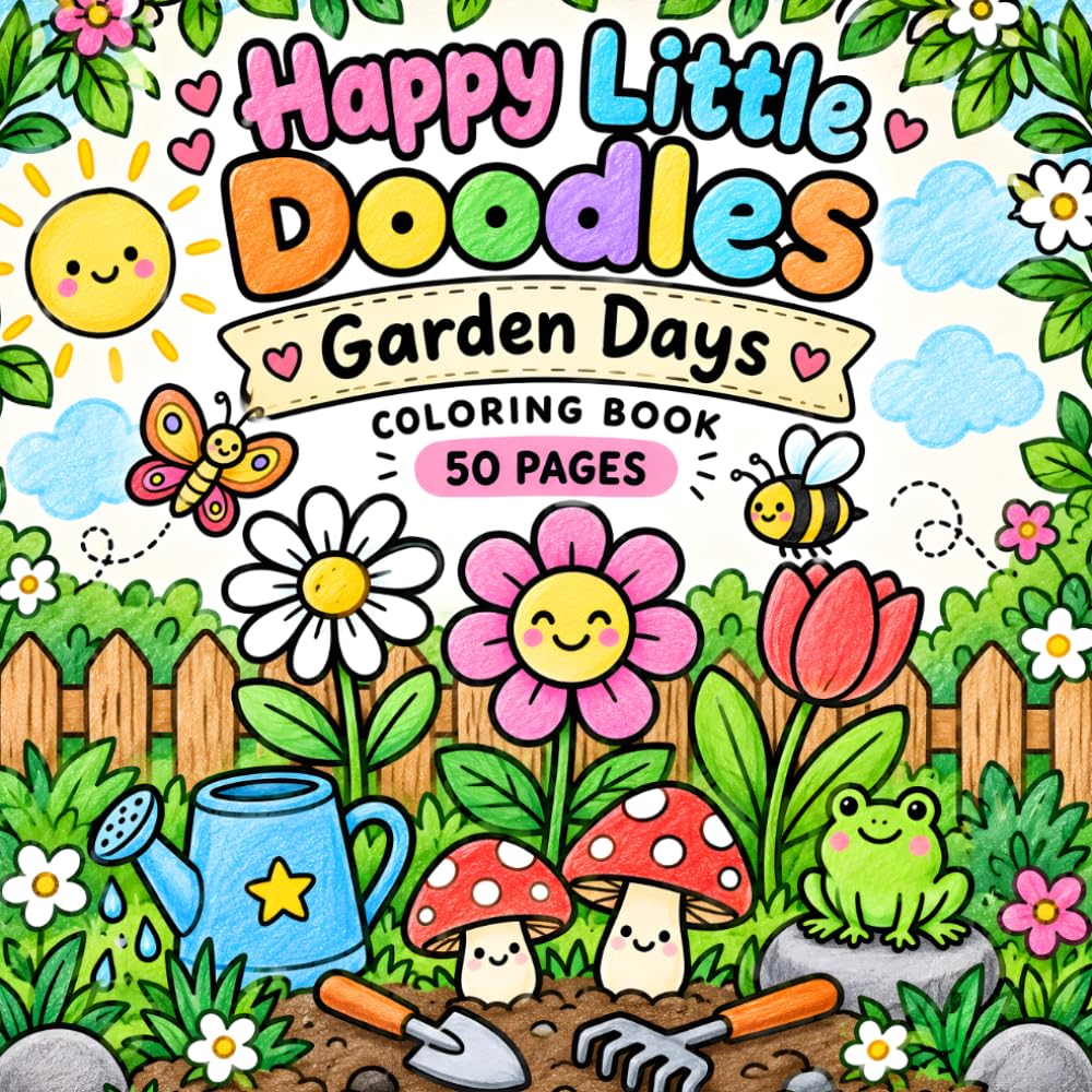 ler totalmente Happy Little Doodles Garden Days: A Bold & Easy Coloring Book of Cute Flowers, Mushrooms, Frogs, Bees, Butterflies, Gardening Tools & Cozy Garden Scenes for Teens and Adults