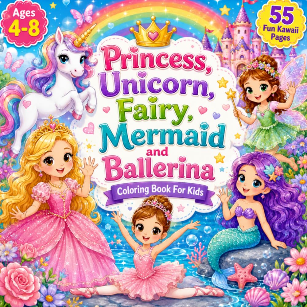 ler totalmente Princess, Unicorn, Fairy, Mermaid and Ballerina: Cute Kawaii, Cozy, Magical Coloring Book with Fun Facts for Kids Ages 4–8
