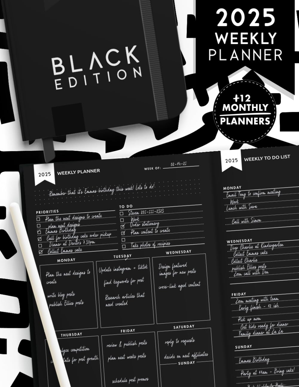 ler totalmente 2025 Weekly Planner: Black Pages for Sleek Organization for Every Week | 52 Weekly Planning Pages & To Do Lists | 12 Monthly Calendars