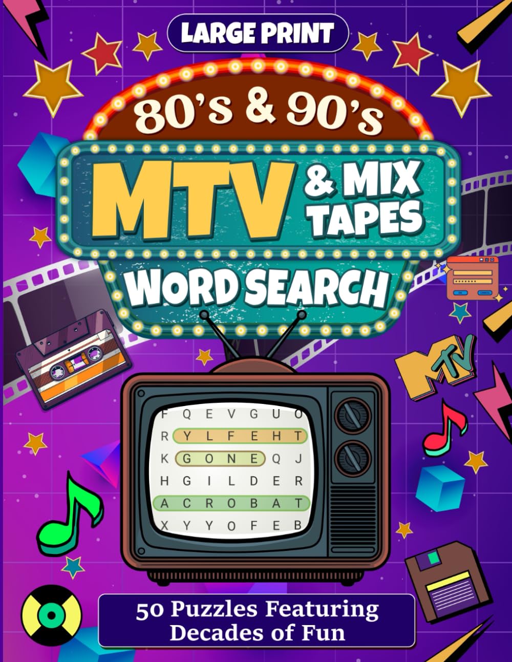 Pop, Rock & Rewind: 50 Word Searches from the MTV Era Featuring 80s and 90s Music, Mix Tapes, and Classic Hits: Fun and Challenging Large Print... Iconic Artists, and Nostalgic Music Trivia baixar livro de graça