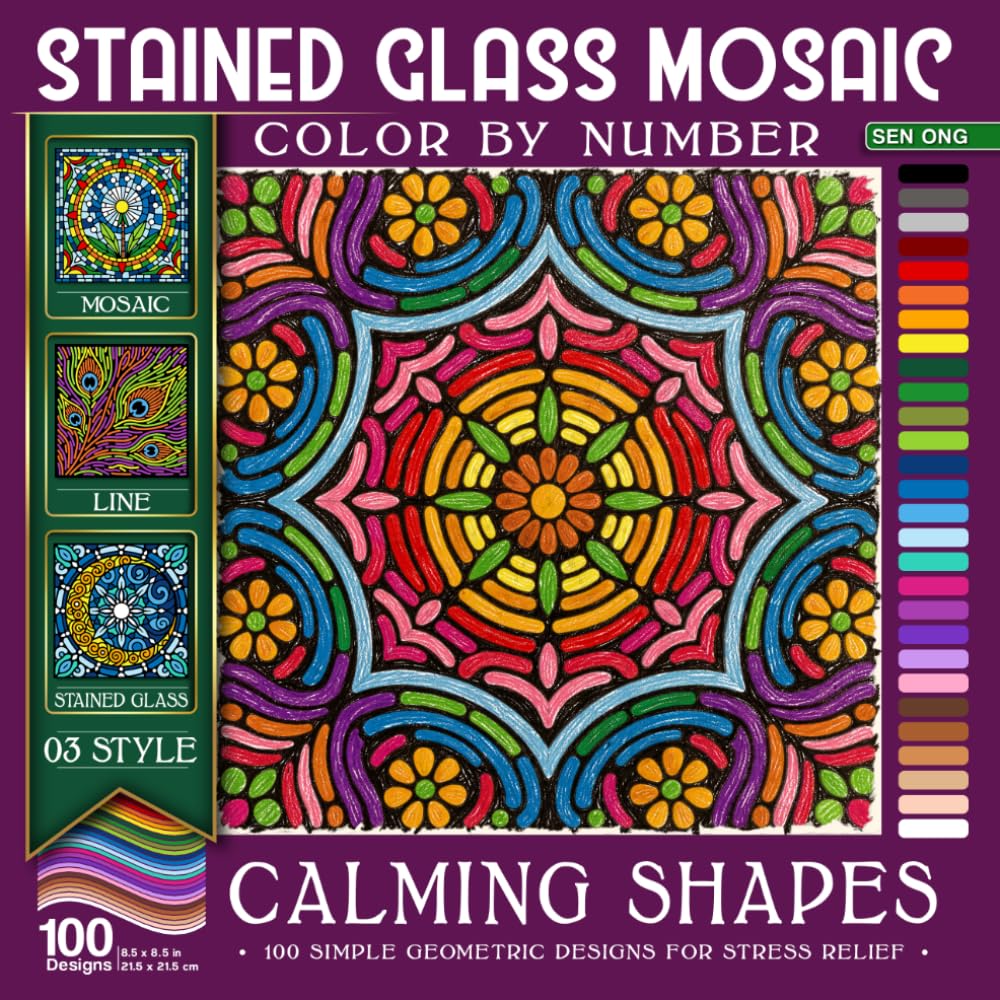 ler totalmente Calming Shapes Stained Glass Mosaic Color by Number: 100 Simple Geometric Designs for Stress Relief