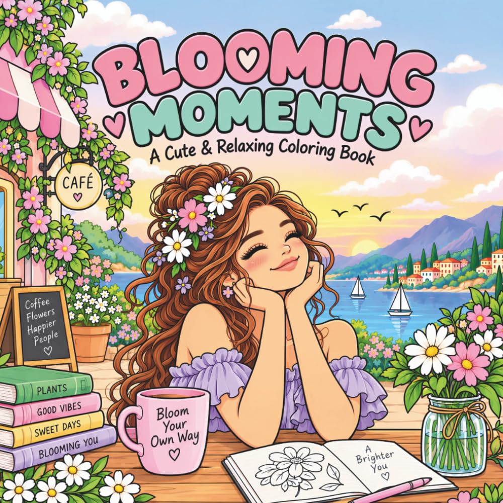 Blooming Moments: A Cute & Relaxing Coloring Book: Flowers, Positive Vibes, and Simple Joys — A Cozy Coloring Book for Teens and Adults Featuring a... Scenes to Relax, Unwind, and Boost Positivity baixar o livro de graça