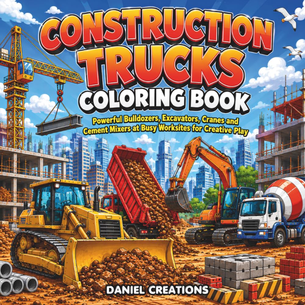 Construction Trucks Coloring Book: Powerful Bulldozers, Excavators, Cranes and Cement Mixers at Busy Worksites for Creative Play baixar livro de graça