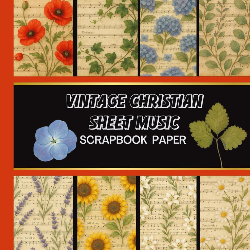 ler totalmente Christian Sheet Music Floral Scrapbook Paper Set – 20 Double-Sided Sheets, 8.8x8.5 Inches, Vintage Hymns with Watercolor Flowers & Leaves for Journals, Cards, DIY Crafts