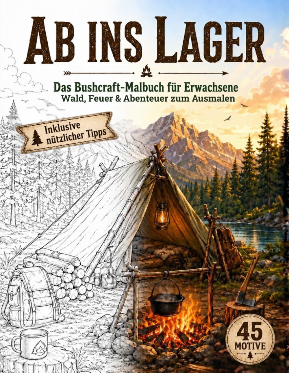 ler totalmente Ab ins Lager: Das Bushcraft-Malbuch für Erwachsene Wald, Feuer & Abenteuer zum Ausmalen (German Edition)