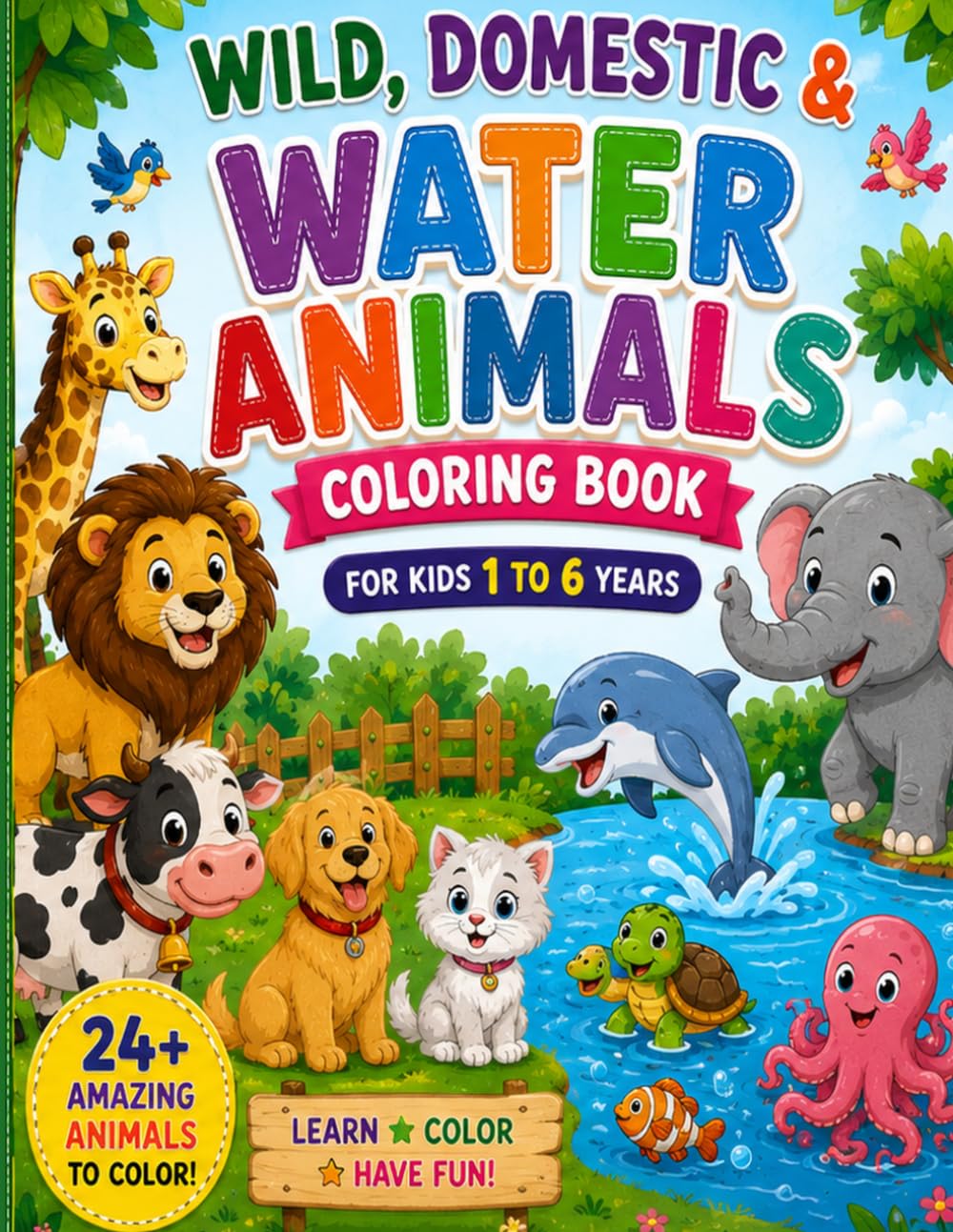 ler totalmente Wild, domestic and water animals: Coloring Book for kids ages 1 to 6 and 24+ cute animals to colour