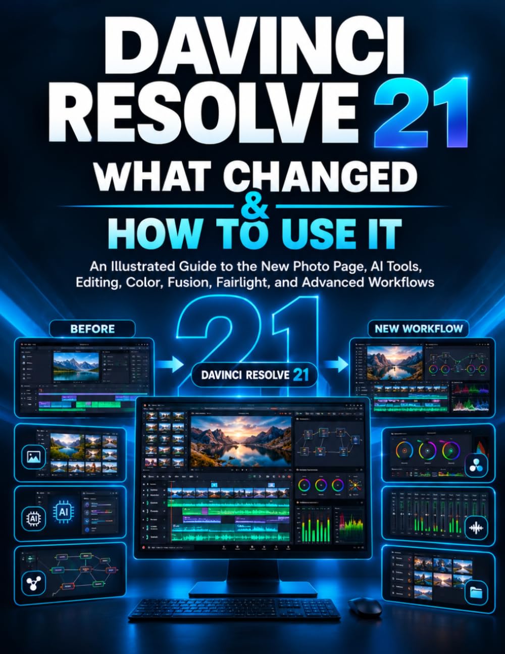 ler totalmente DAVINCI RESOLVE 21 WHAT CHANGED & HOW TO USE IT: An Illustrated Guide to the New Photo Page, AI Tools, Editing, Color, Fusion, Fairlight, and Advanced Workflows