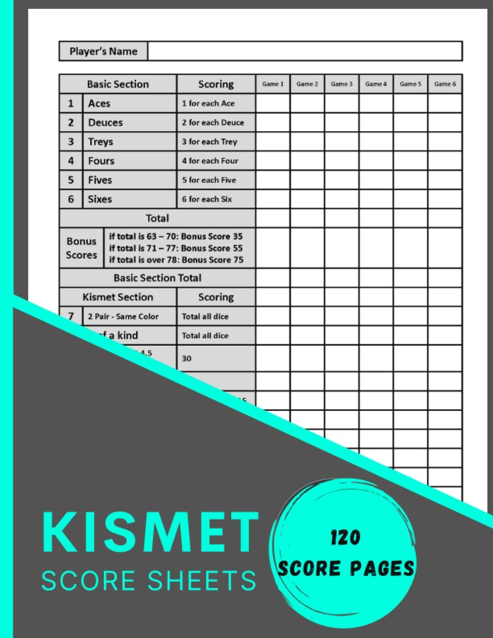 Kismet Score Sheet: Dice Game Scoring Sheet | Scoresheet Record Book | Kismet Dice Game | Kismet Score Pad | Large 8.5X11 (120 Score Pages) baixar livro de graça