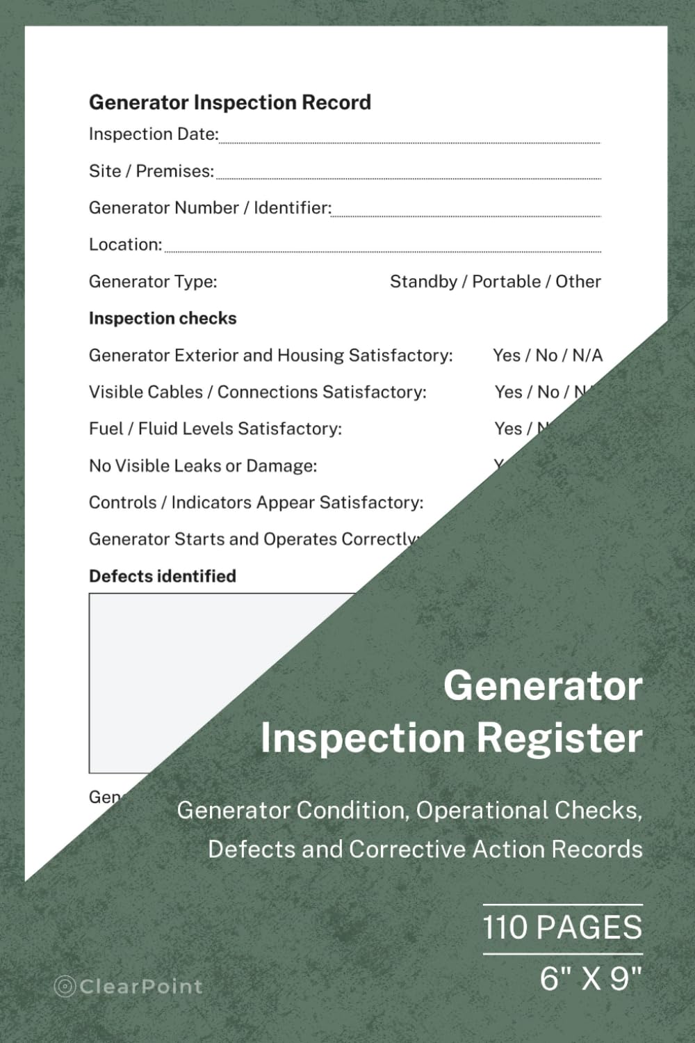 Generator Inspection Register: Condition, Operational Checks and Corrective Action Records | 110 Pages | 6 × 9 Format: Generator Inspection and Defect... Workplaces and Commercial Premises baixar livro de graça