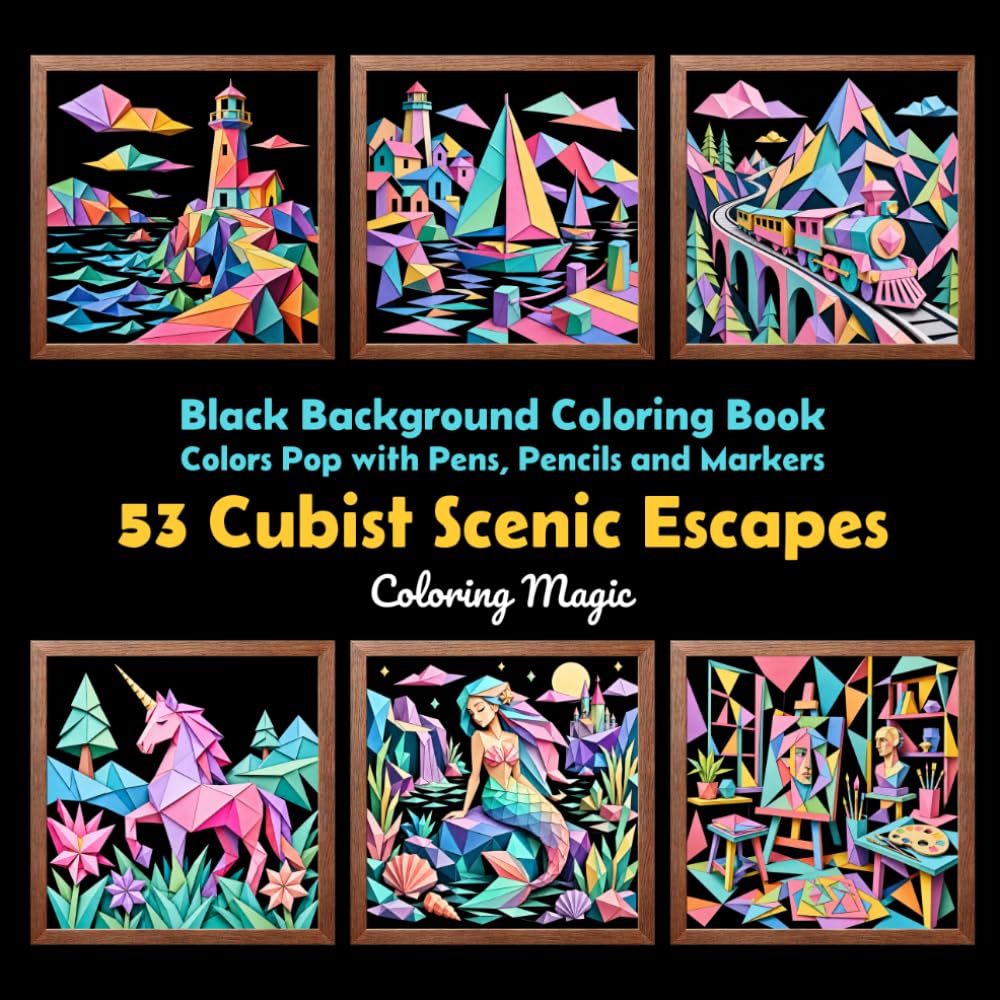 53 Cubist Scenic Escapes: Teens & Adults Coloring Book | Cubist Paper-Cut Art | Black Background | Landscapes | Cozy Places | Fantasy Scenes (Midnight Black Background Coloring Series) baixar o livro de graça