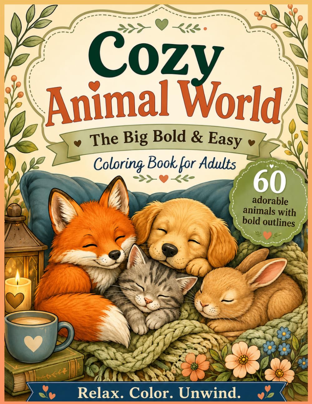 ler totalmente Cozy Animal World – The Big Bold & Easy Coloring Book for Adults: 60 Adorable Animals with Thick Outlines to Relax, Color and Unwind