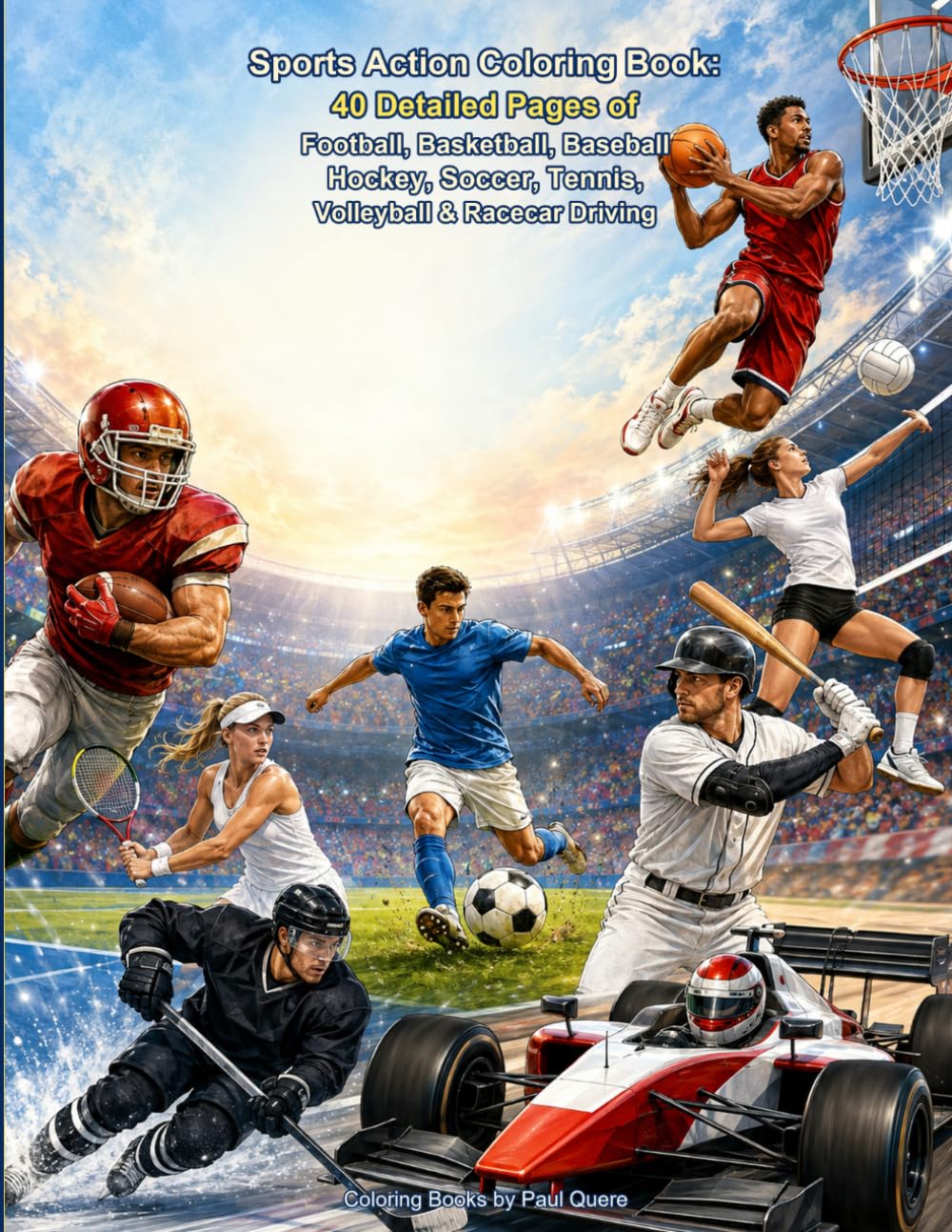 Sports Action Coloring Book: 40 Detailed Pages of Football, Basketball, Baseball, Hockey, Soccer, Tennis, Volleyball & Racecar Driving baixar o livro de graça