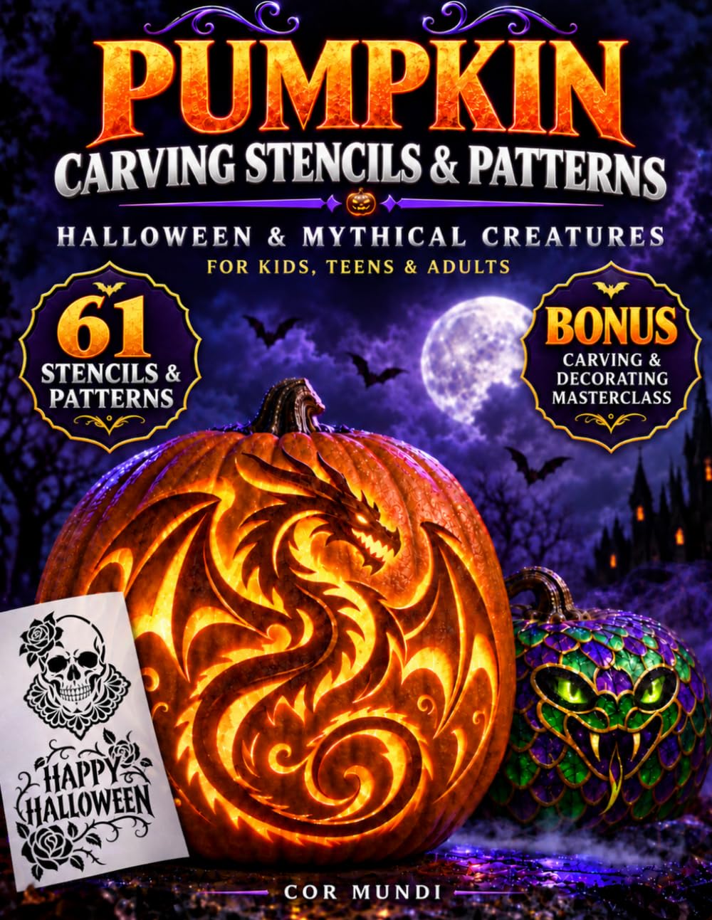 ler totalmente PUMPKIN CARVING STENCILS & PATTERNS: 61 Stencils & Patterns for Halloween & Mythical Creatures for Kids, Teens & Adults: Includes Carving & Decorating Masterclass