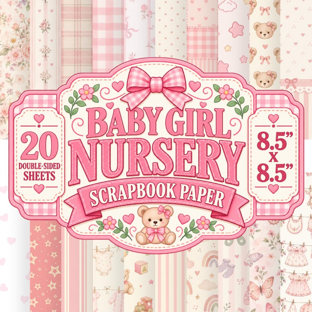 ler totalmente Baby Girl Nursery Scrapbook Paper: 8.5" x 8.5" 20 Double-Sided Sheet 20 Designs Decorative Craft Paper with Teddy Bears, Baby Dresses, Butterflies,... Card Making, Decoupage, Origami & Collage