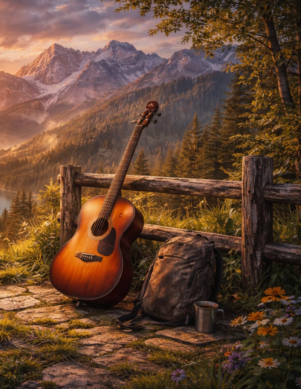 Sheet Music Book – Acoustic Guitar by a Mountain Lake at Sunset: Blank Manuscript Paper with 12 Staves Per Page for Composition, Songwriting, Lessons, ... and Creative Ideas | 100 Pages | 8.5 x 11