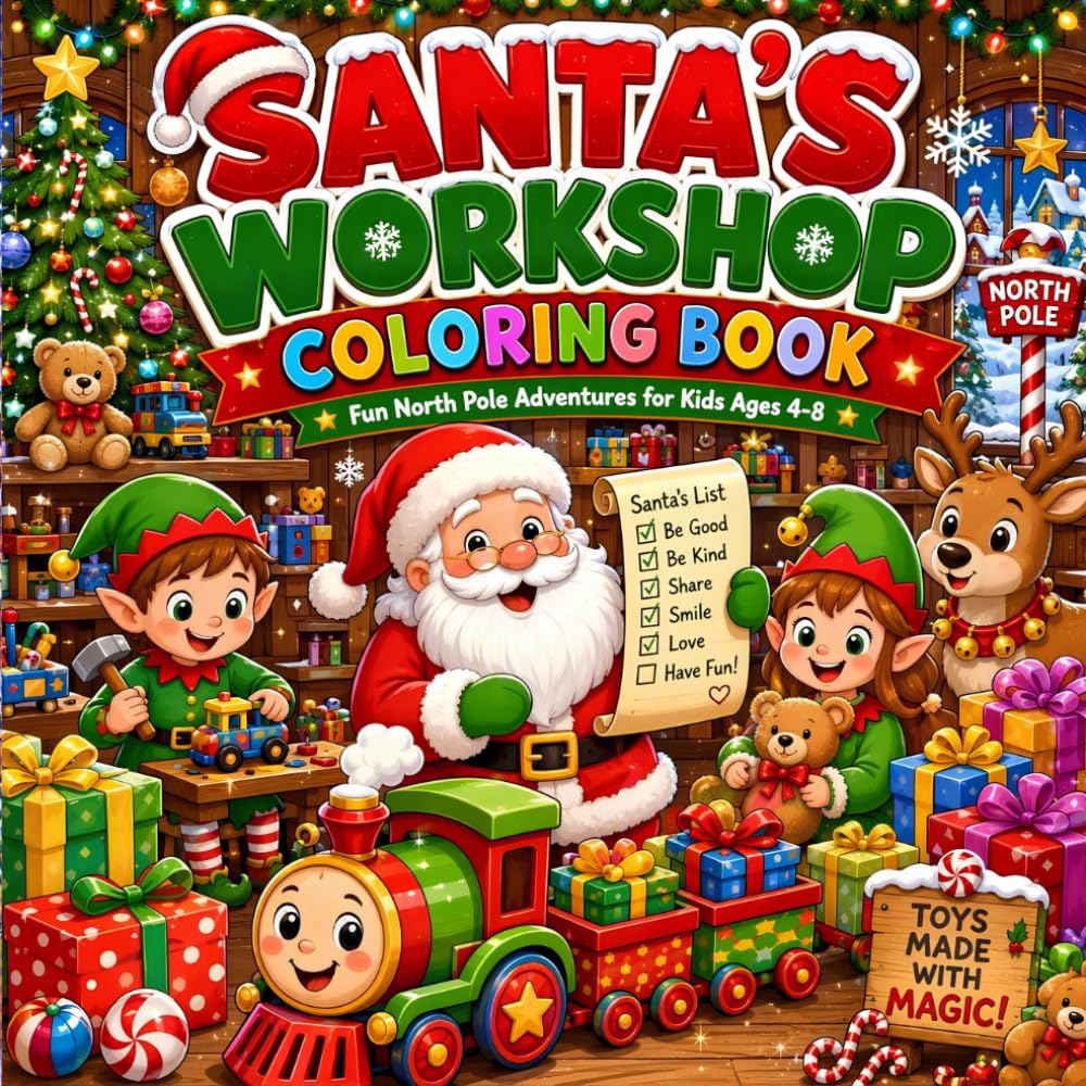 Santa's Workshop Coloring Book for Kids Ages 4-8: Fun and Easy Christmas Coloring Pages Featuring Santa, Elves, Reindeer, Toy Trains, Holiday Gifts, and North Pole Adventures baixar o livro de graça