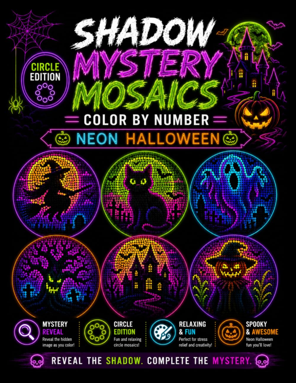 ler totalmente Halloween Shadow Mystery Mosaics Color by Number: Hidden Pixel Art Puzzles on Black Background with Glowing Halloween Designs for Adults & Teens