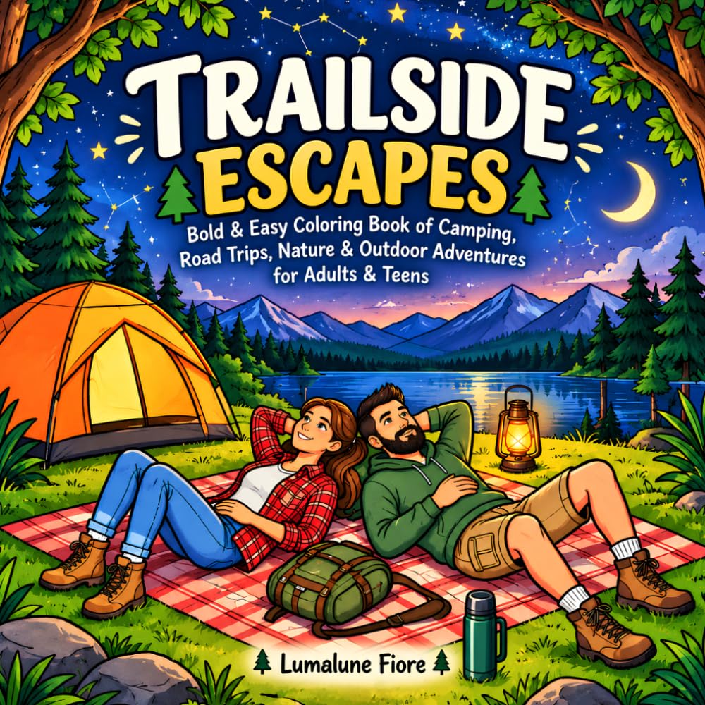 ler totalmente TRAILSIDE ESCAPES: Bold & Easy Coloring Book of Camping, Road Trips, Nature & Outdoor Adventures for Adults & Teens