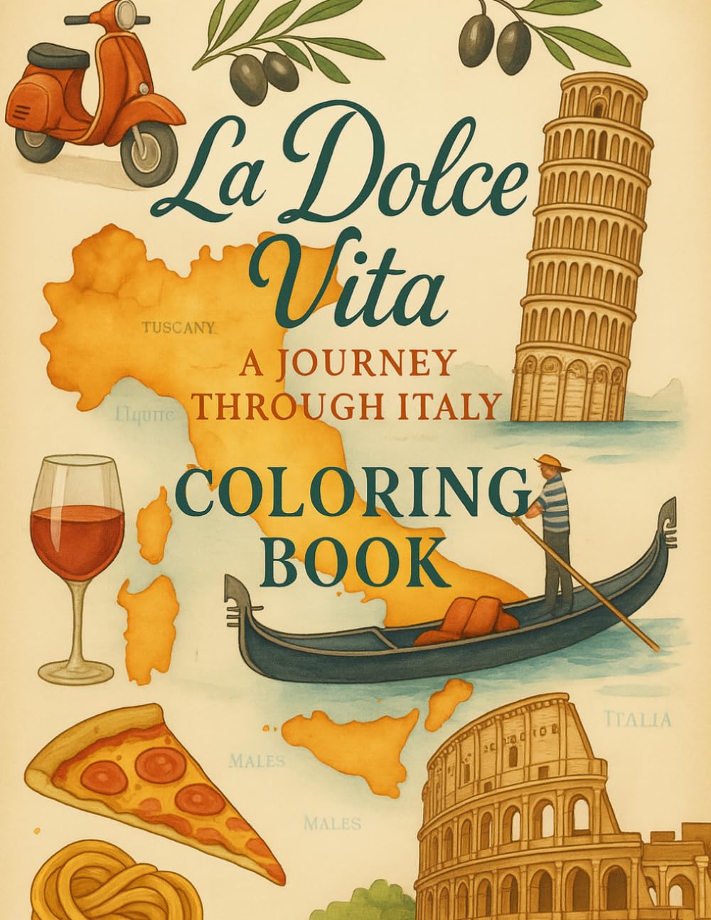 ler totalmente La Dolce Vita: A Journey Through Italy Adult Coloring Book: 37 Relaxing Designs of Italian Landmarks, Food, Countryside and Coastal Towns for Stress Relief and Mindfulness