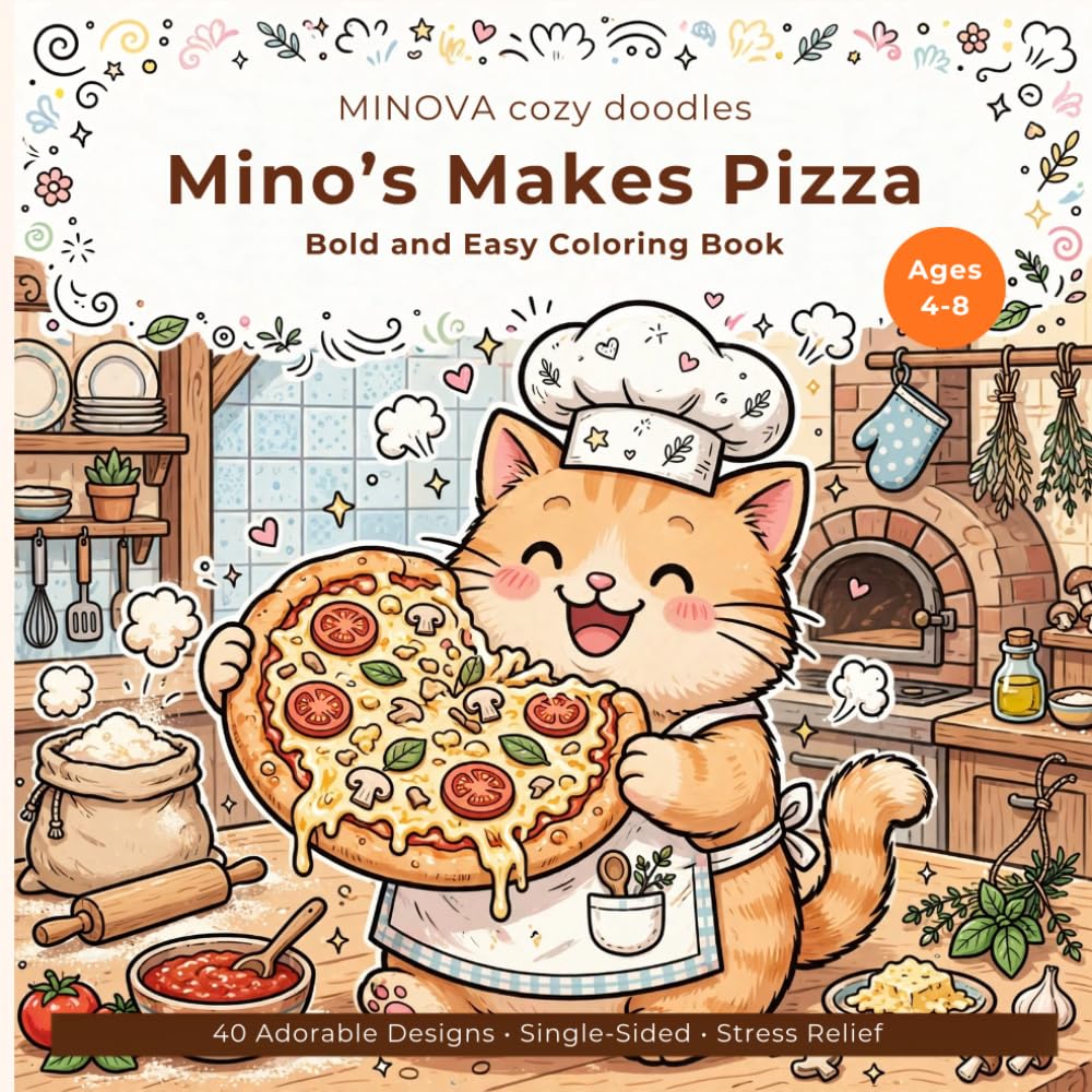 Mino Makes Pizza: Bold and Easy Coloring Book for Ages 4-8: 40 Adorable Cozy Doodles of a Cute Cat Chef Baking Pizza for Stress Relief and Relaxation,... Kids, Teens and Adults (MINOVA Cozy Doodles) baixar livro de graça