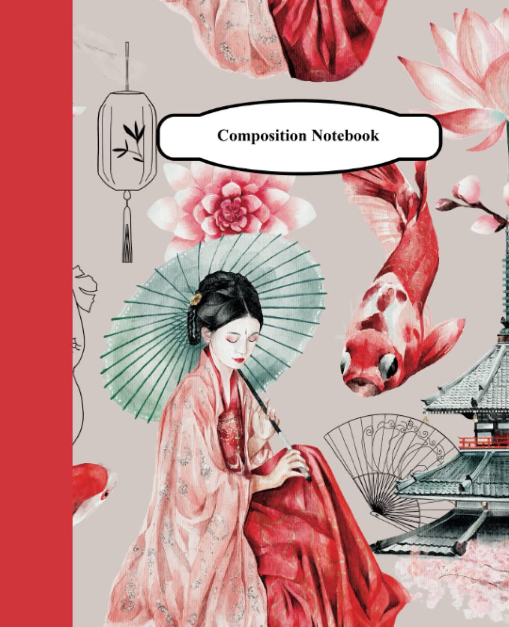 Japanese Composition Notebook College Ruled: Red and Pink With Flowers and Fish