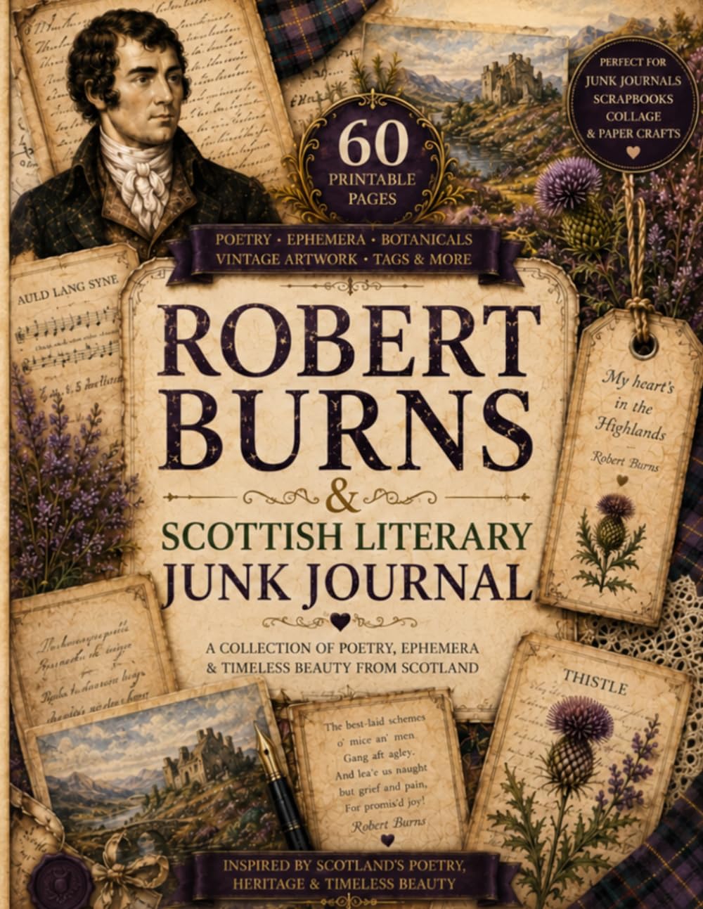 ler totalmente Robert Burns & Scottish Literary Junk Journal: 60 Highland-Inspired Pages of Poetry, Vintage Ephemera, Thistles, Tartan & Scottish Heritage for Junk Journaling, Scrapbooking and Collage