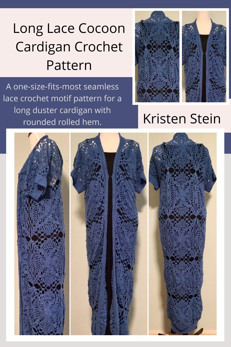 ler totalmente Long Lace Cocoon Cardigan Crochet Pattern: A one-size-fits-most seamless lace crochet motif pattern for long duster cardigan with rounded rolled hem. (English Edition)
