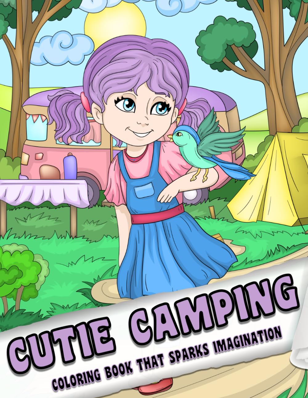 ler totalmente Cutie Camping: Coloring Book for Adults and Kids, Simple and Big Designs for Stress Relief and Relaxation with little campers enjoying fun activities