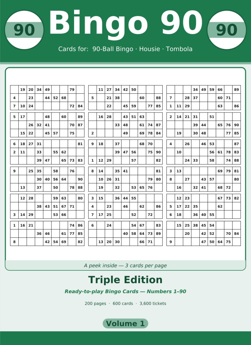 ler totalmente Bingo 90: Triple Edition: 600 90-Ball Housie & Tombola Sheets, Three Cards Per Page (Volume 1)