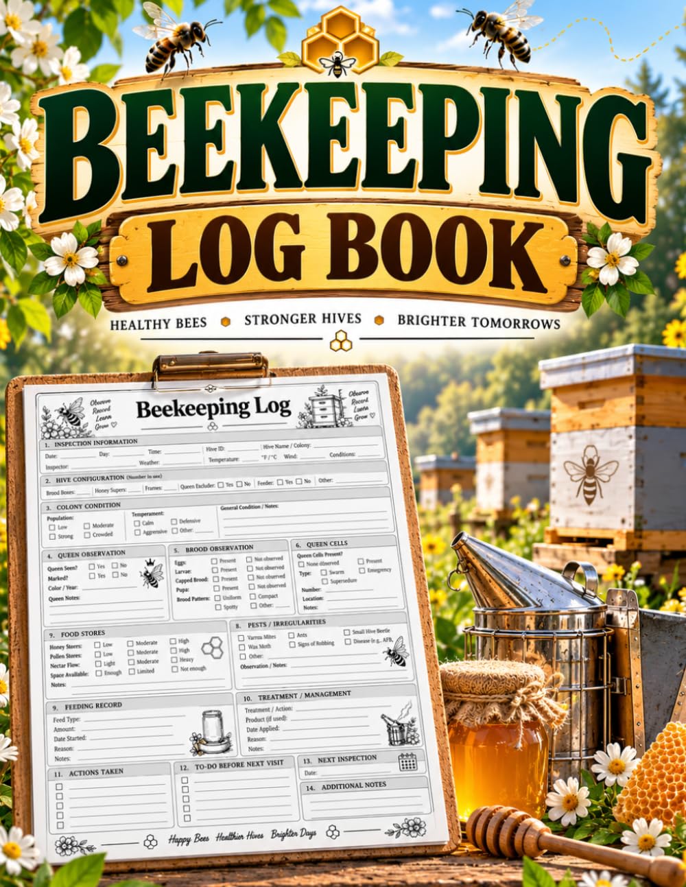 Beekeeping Log Book: Hive Inspection Journal for Recording Colony Condition, Queen & Brood Observations, Food Stores, Pests, Feeding, Treatments & Apiary Notes baixar o livro de graça