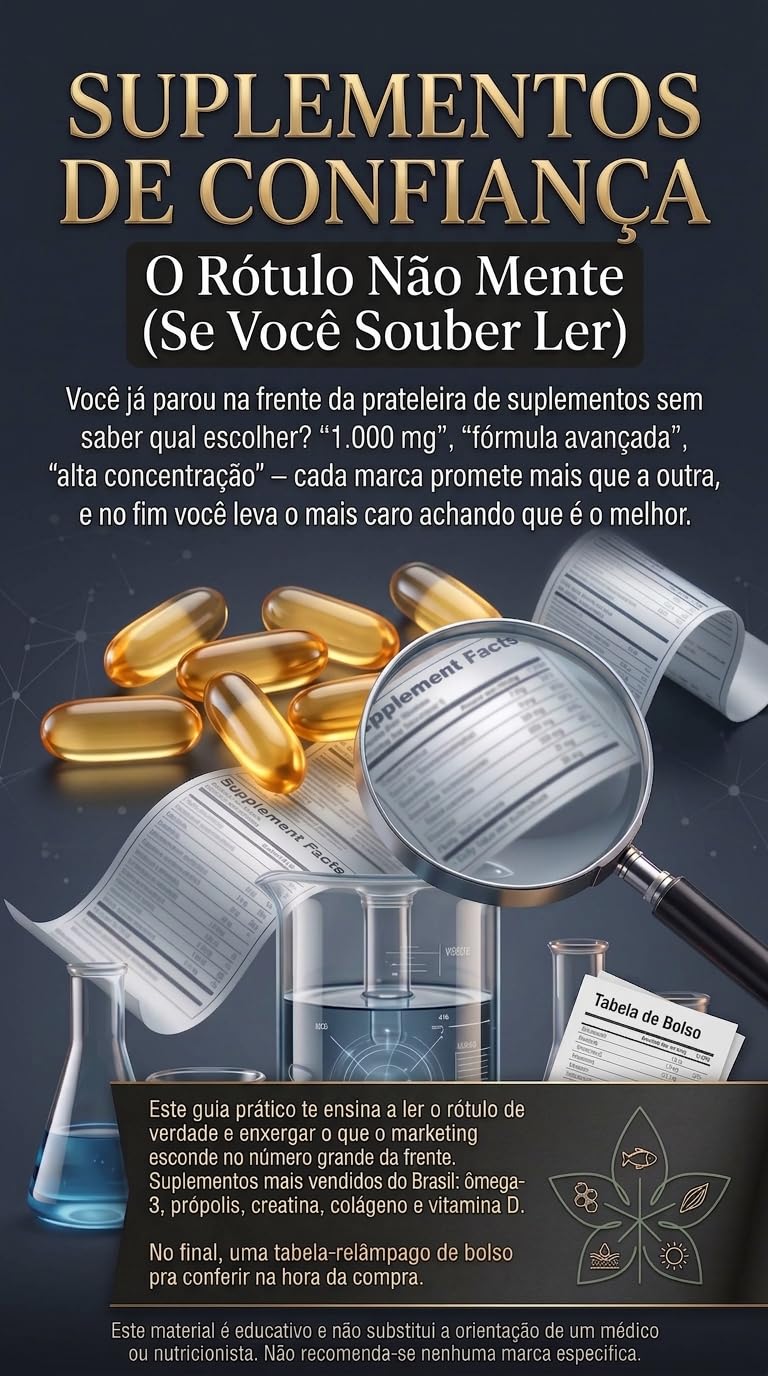 ler totalmente Suplementos de Confiança: O Rótulo Não Mente (Se Você Souber Ler). Como fugir de produtos de baixa qualidade que podem fazer mal a saúde ou não fazer efeito.