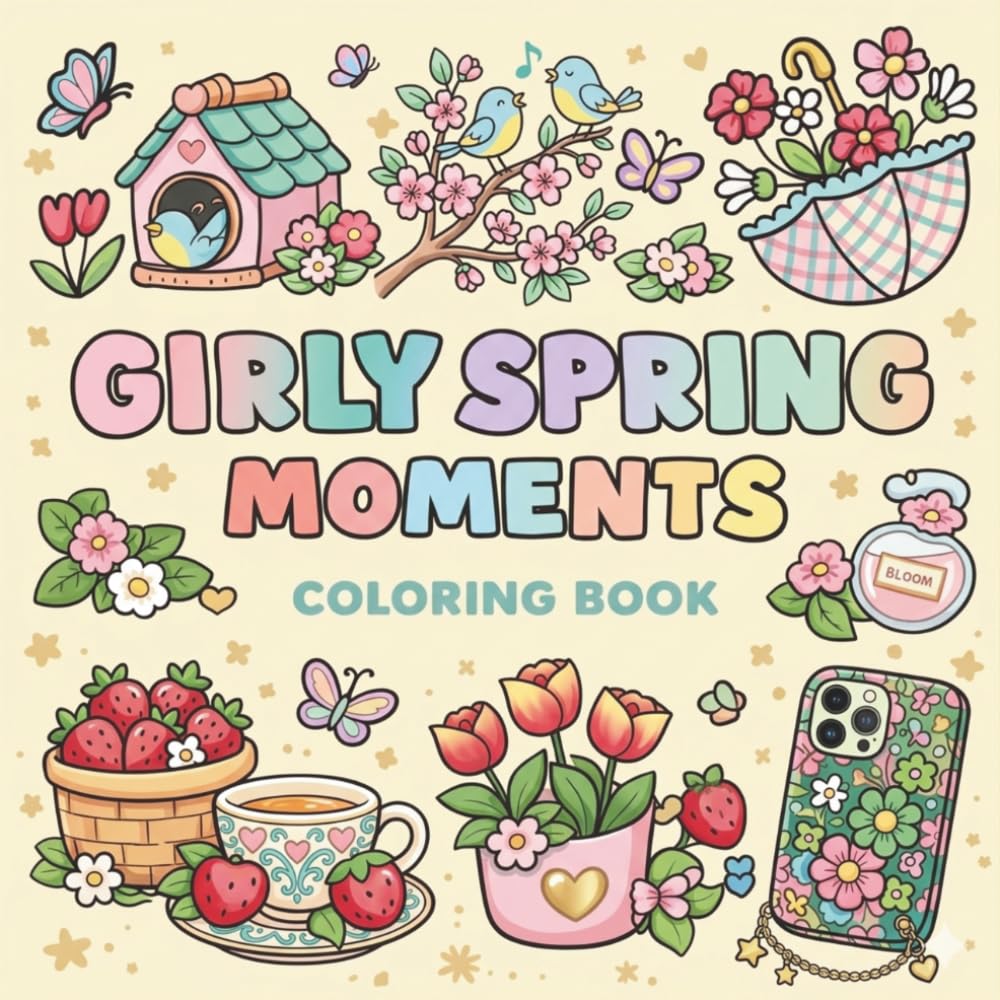 ler totalmente Girly Spring Moments Coloring Book for Teens & Adults: 50+ Bold and Easy Cozy Spring Scenes | Cute Flowers, Strawberries, Tea Time & Aesthetic Designs for Relaxation