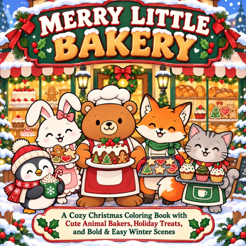 Merry Little Bakery: A Cozy Christmas Coloring Book with Cute Animal Bakers, Holiday Treats, and Bold & Easy Winter Scenes baixar livro de graça