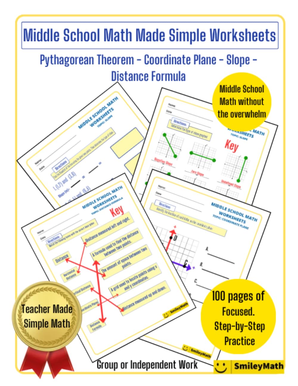 Middle School Math Made Simple Worksheets: Pythagorean Theorem, Coordinate Plane, Slope & Distance Formula | Step-by-Step Math Practice for Grades 6–8 baixar o livro de graça