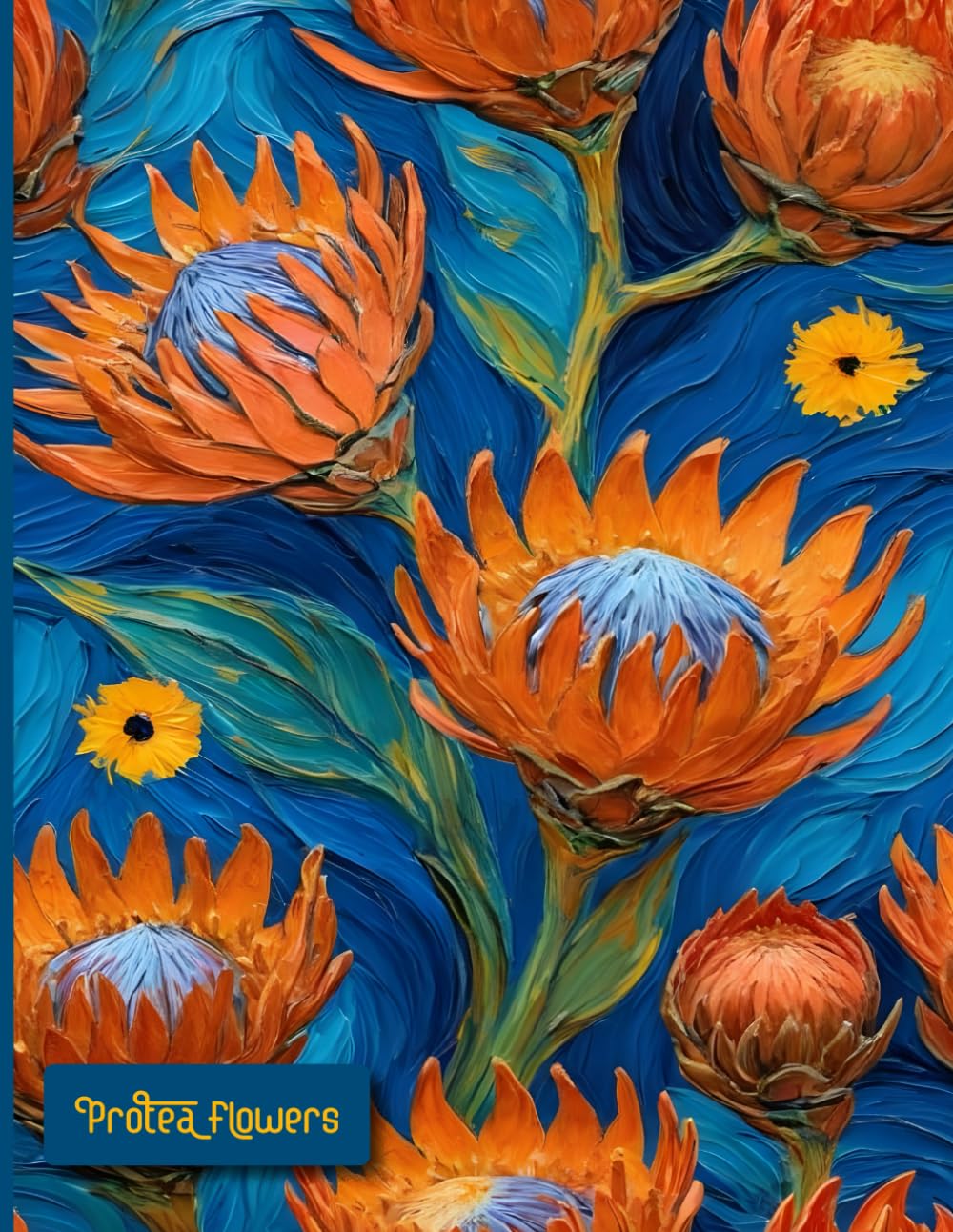 ler totalmente Protea Flowers Notebook: Van Gogh Slyle Flowers Diary Journal | Blue Cover Lined 110 Pages Notebook With Protea Flower and Paint Brush Design