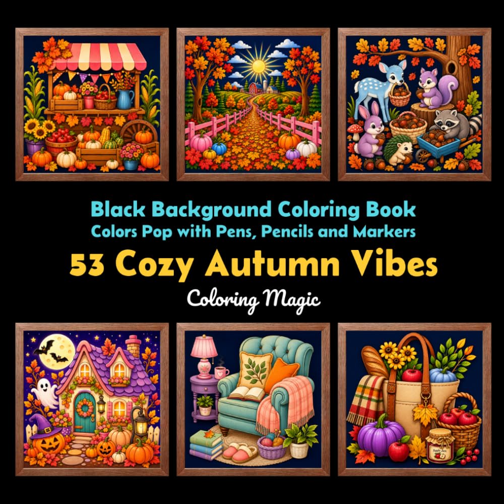 ler totalmente 53 Cozy Autumn Vibes: Teens & Adults Coloring Book | Fashion | Harvest Treats | Halloween | Thanksgiving | Homes Décor | Fall Festivals | Black Background (Midnight Black Background Coloring Series)