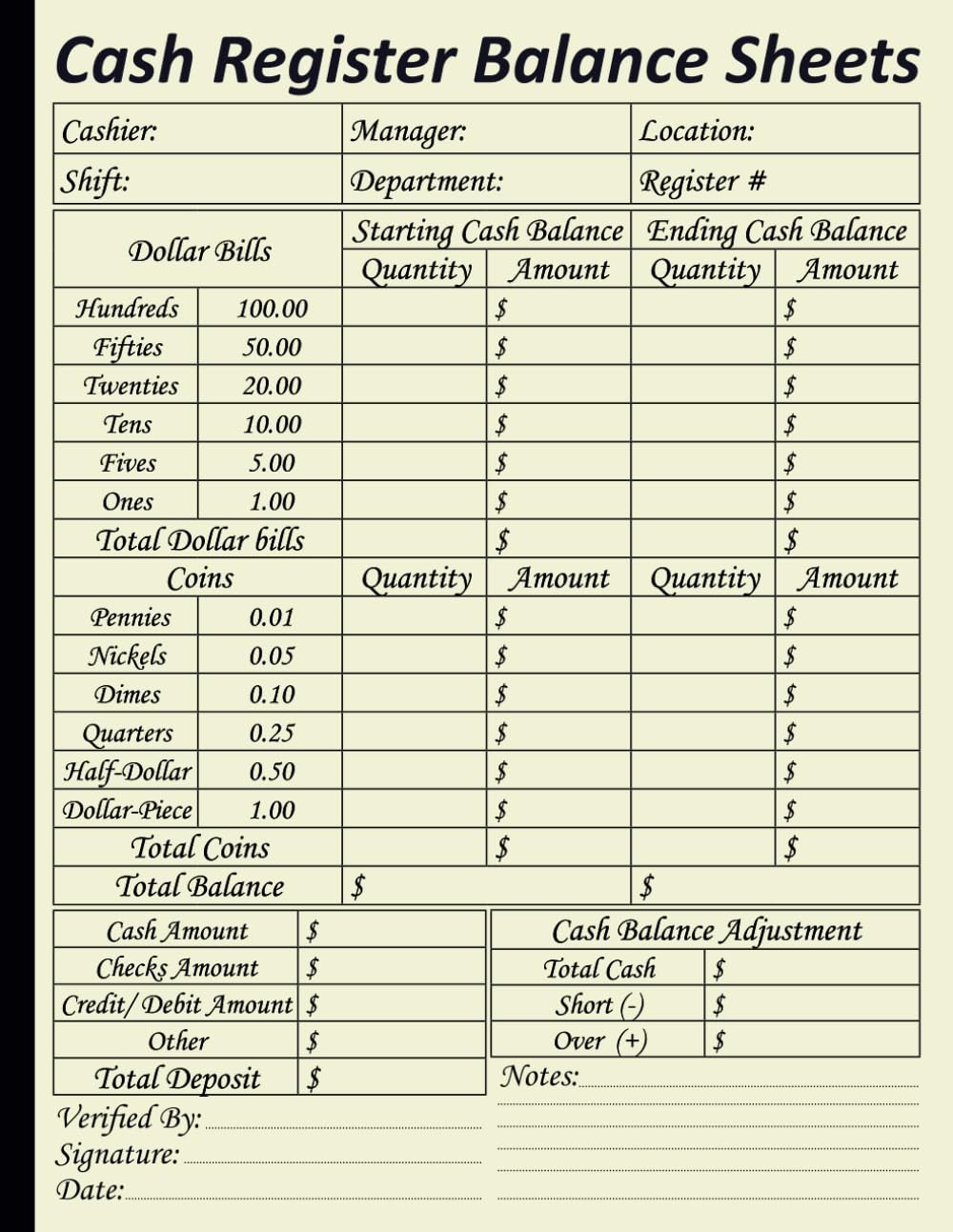 ler totalmente Cash Register Balance Sheets: A Simple Cashier Log Book | Tracking Daily Drawer Count | Currency, Coin, and Deposit Record Forms