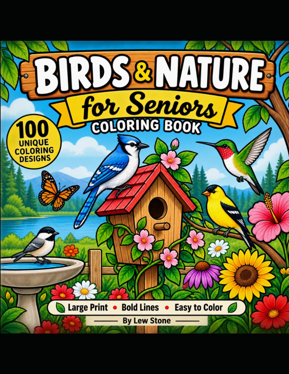 BIRDS & NATURE FOR SENIORS: 100 Unique Coloring Designs Large Print - Bold Lines - Easy to Color