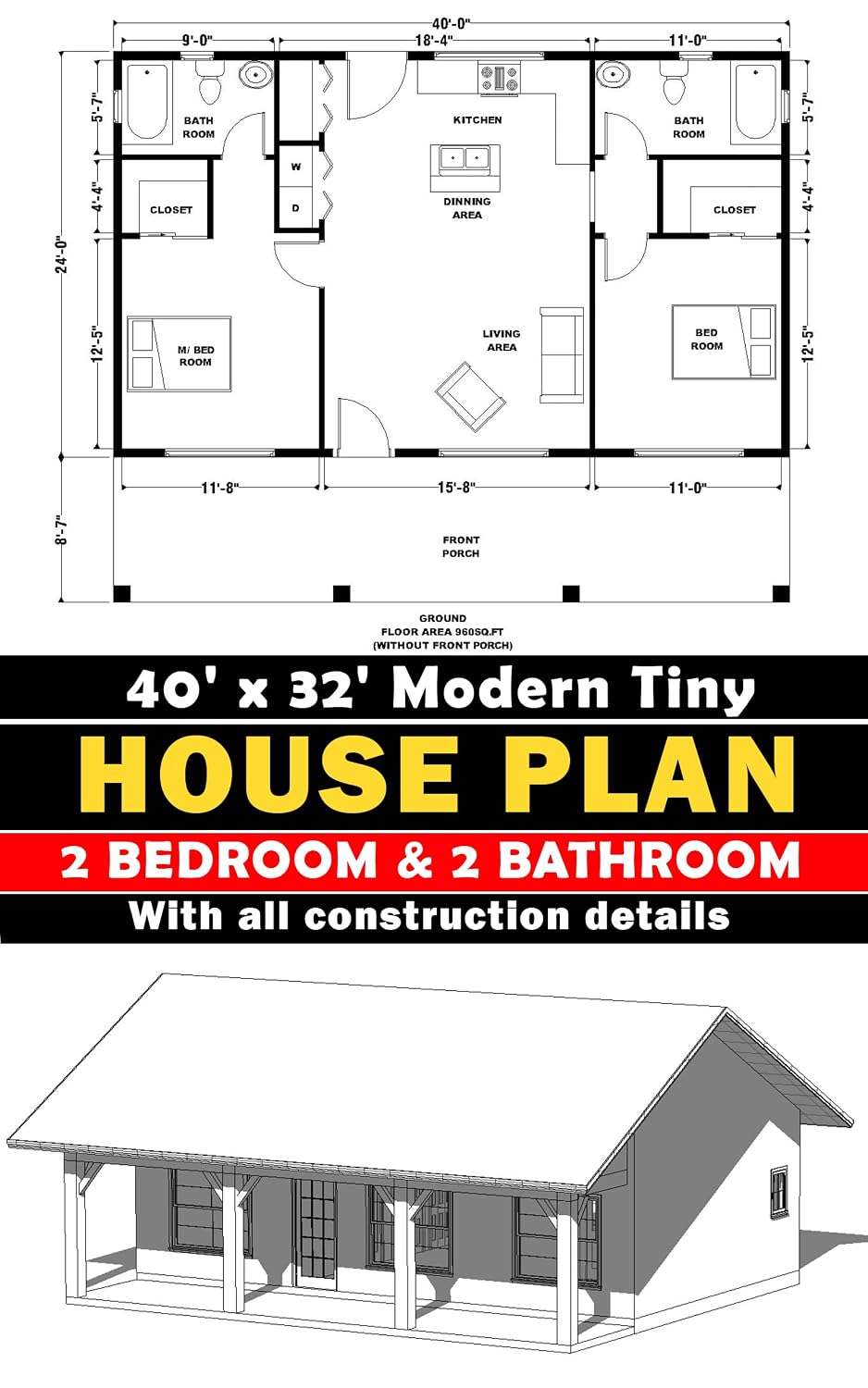 40' x 32' Modern Tiny House plan set: 2 Bedroom & 2 Bathroom: With all construction details (English Edition) baixar o livro de graça