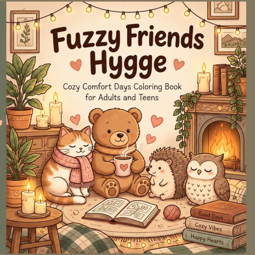 Fuzzy Friends Hygge: Cozy Comfort Coloring Book for Adults and Teens Featuring Cute Winter Animals & Relaxing Hygge Moments for Stress Relief baixar livro de graça