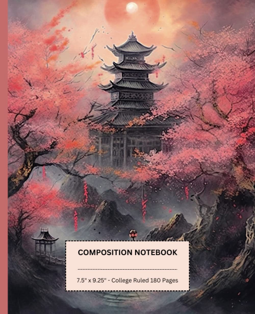 ler totalmente Composition Notebook, College Ruled: Cherry Blossom Tree, Dark Zen Garden Temple, 180 Pages, White Paper